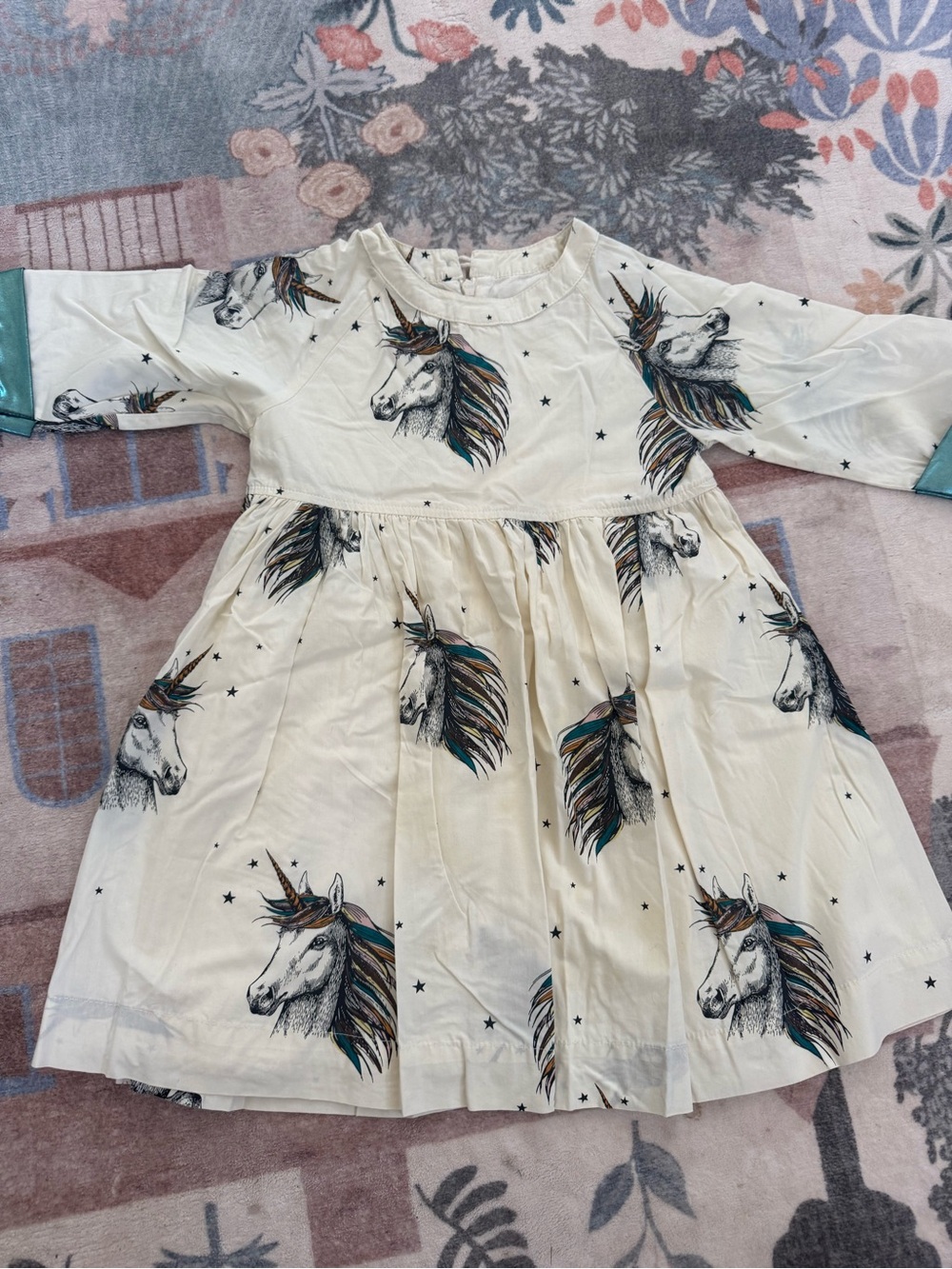 Pink Chicken Cream Unicorn Print Dress with Teal Accent